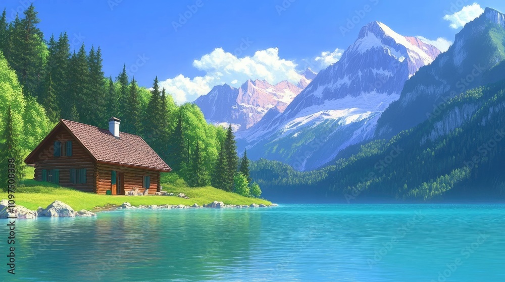 Naklejka premium Tranquil Mountain Cabin by Serene Lake Under Bright Blue Sky