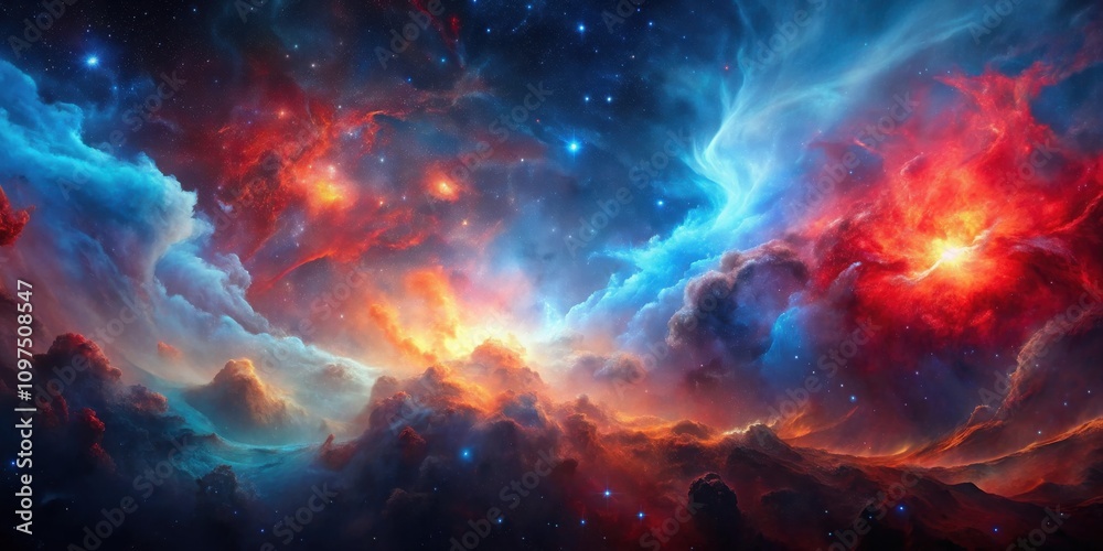 Celestial Landscape A Vivid Panorama of Cosmic Clouds and Nebulae in Fiery Red and Cool Blue Hues