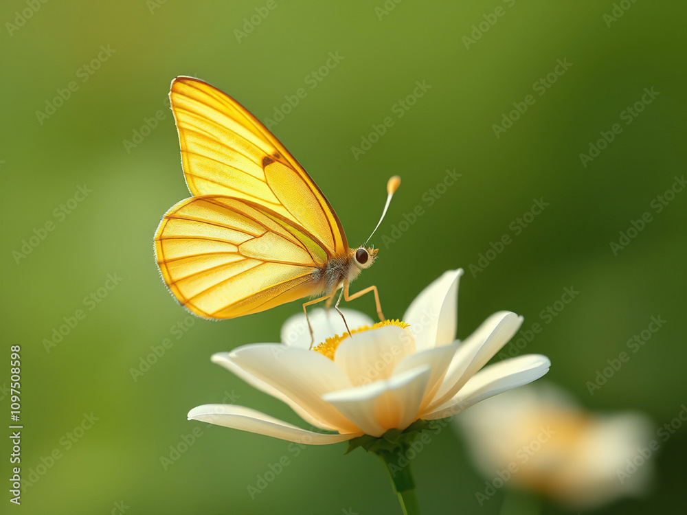 Dreamy scene of yellow butterfly perched elegantly on flower with soft focus green background, botanical garden, ecological balance, insect on petals, wildlife refuge Dreamy scene of yellow butterfly perched elegantly on flower with soft focus green background, botanical garden, ecological balance, insect on petals, wildlife refuge