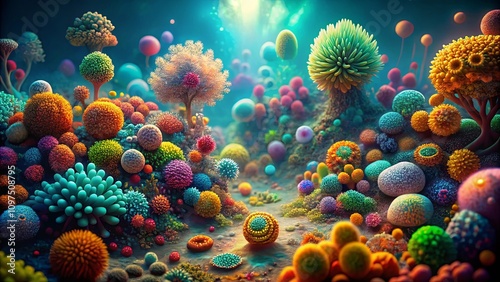 Vibrant underwater landscape with colorful flora and fauna, exhibiting surreal organic forms and textures in a dreamlike setting.