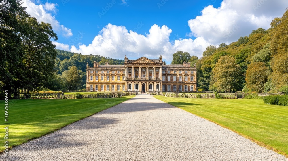 Obraz premium Grand Historic Mansion Surrounded by Lush Green Gardens and Trees