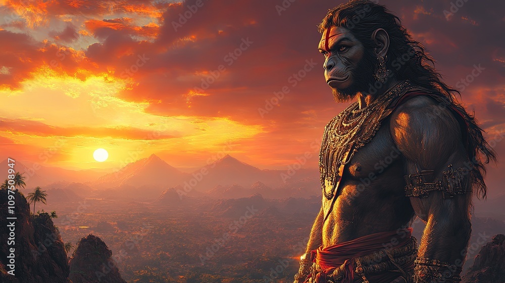 Majestic Hanuman at Sunset in Beautiful Landscape Majestic Hanuman at Sunset in Beautiful Landscape