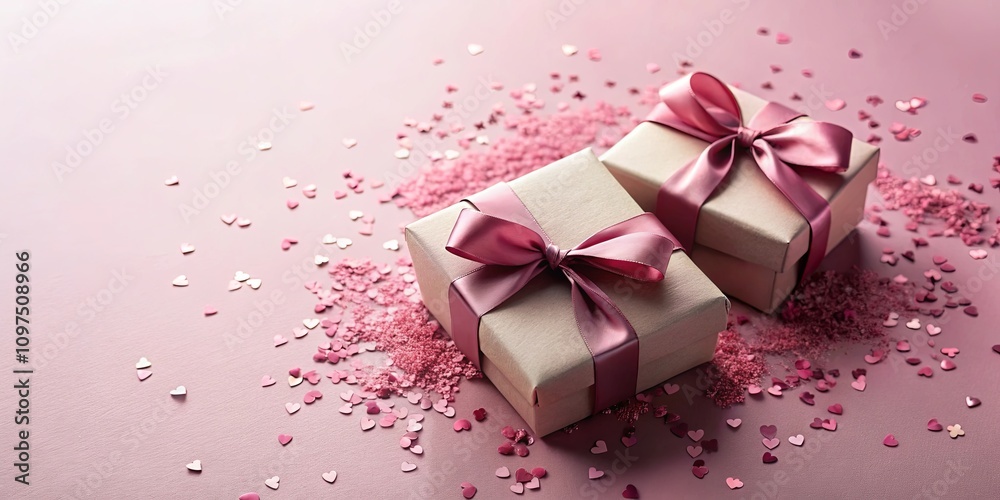 Two elegantly wrapped gifts adorned with pink ribbons amidst a scattering of heart-shaped confetti on a blush-toned background. Two elegantly wrapped gifts adorned with pink ribbons amidst a scattering of heart-shaped confetti on a blush-toned background.