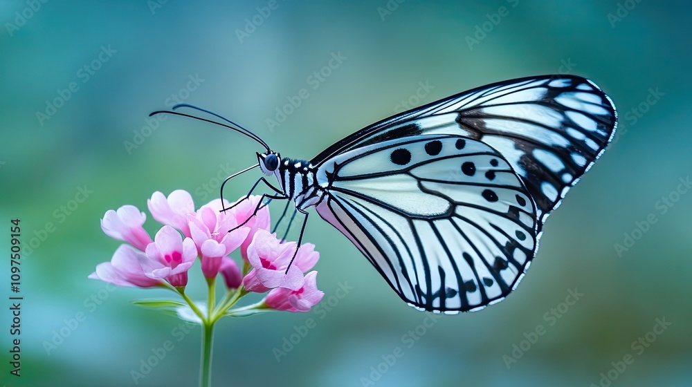 Naklejka premium Delicate Butterfly Perched on Pink Flower in Soft Natural Light