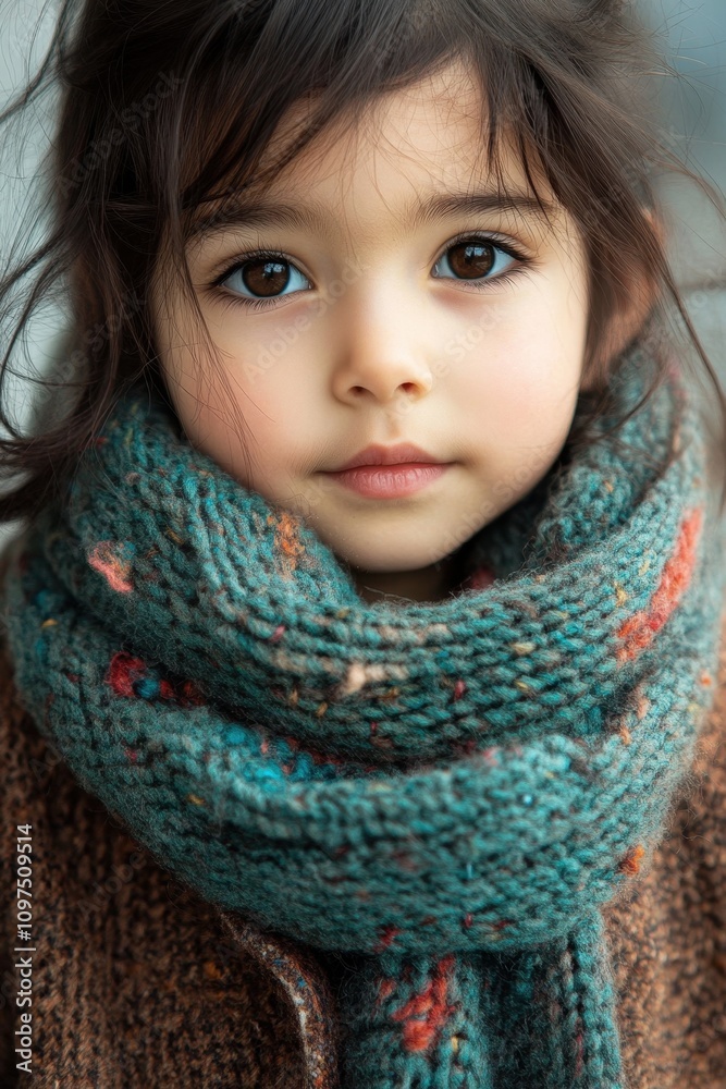 Fashion Revolution Day Cozy winter portrait of a young girl wearing a knit scarf and sweater Fashion Revolution Day Cozy winter portrait of a young girl wearing a knit scarf and sweater