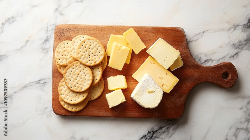 Fototapeta premium Fresh Cheese and Crackers Arrangement on Wooden Cutting Board