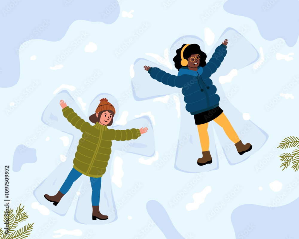 Children making snow angels in winter landscape with vibrant jackets and cheerful expressions Children making snow angels in winter landscape with vibrant jackets and cheerful expressions