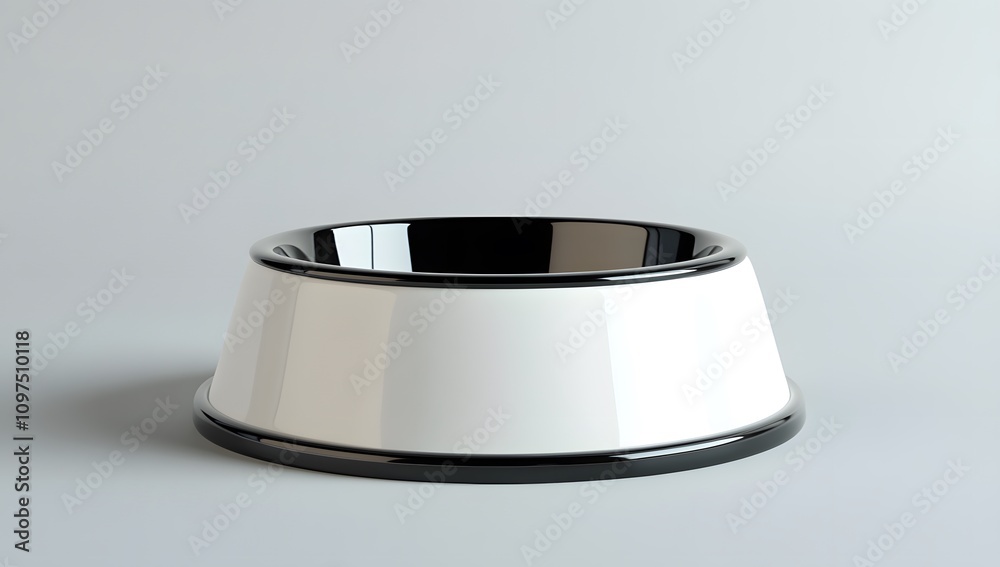 3D render of a white metal dog bowl with a black rubber bottom, on a light grey background. 3D render of a white metal dog bowl with a black rubber bottom, on a light grey background.