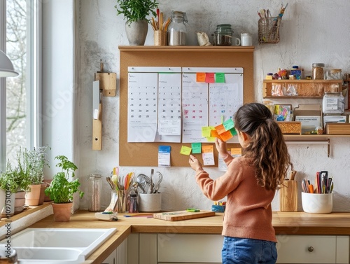 Girl organizing colorful sticky notes on kitchen wall calendar for family planning