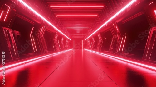 Futuristic neon red tunnel with geometric symmetry and ambient glow