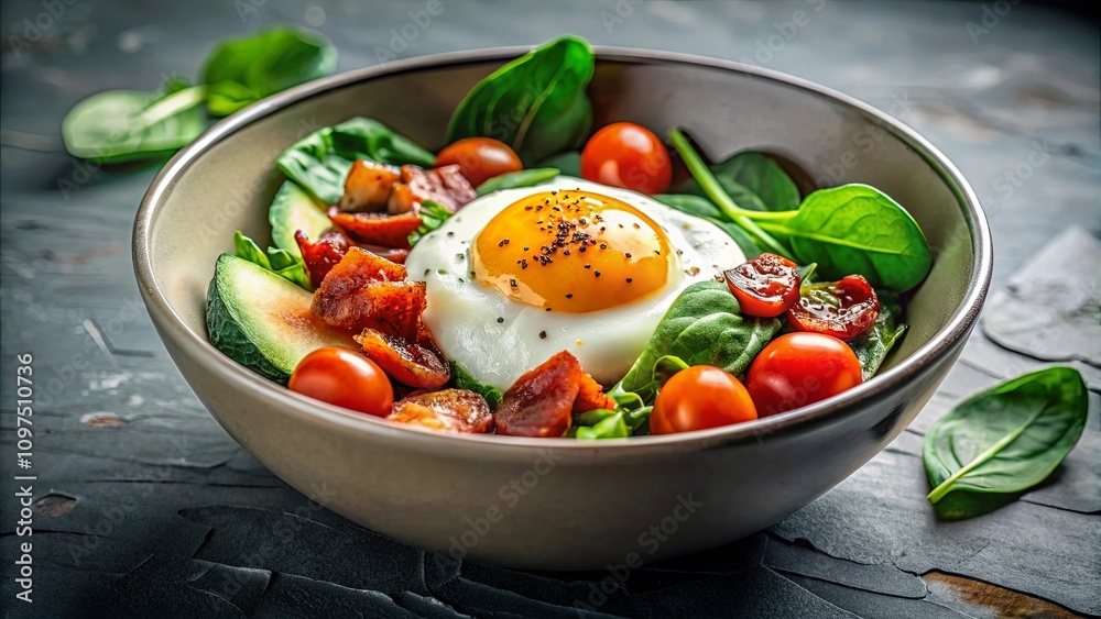 Healthy and Delicious Breakfast Bowl with Fried Egg, Avocado, Bacon, and Spinach Healthy and Delicious Breakfast Bowl with Fried Egg, Avocado, Bacon, and Spinach