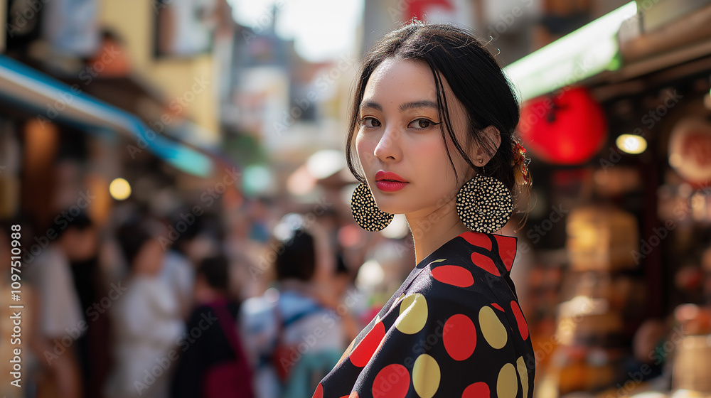 Fototapeta premium Japanese model in bold polka-dot dress and statement accessories, standing in crowded marketplace - Fun and energetic, warm daylight