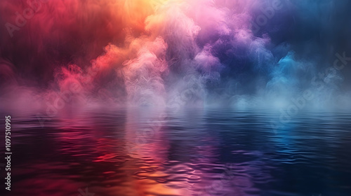 Colorful smoke reflection on water surface.