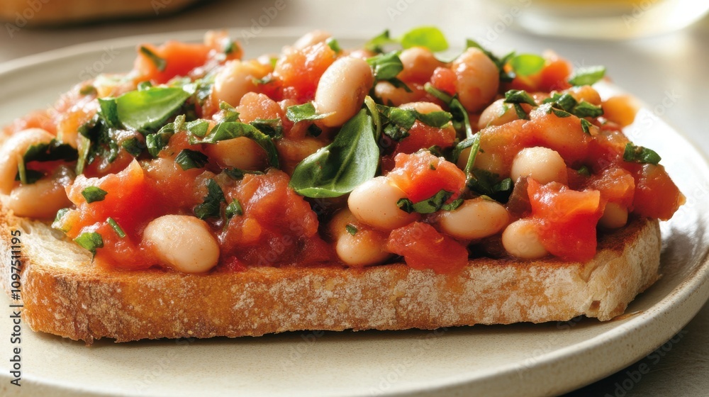Tomato and White Bean Stew on Toast Delicious bruschetta with white beans, fresh basil, and tomatoes on sourdough bread Tomato and White Bean Stew on Toast Delicious bruschetta with white beans, fresh basil, and tomatoes on sourdough bread