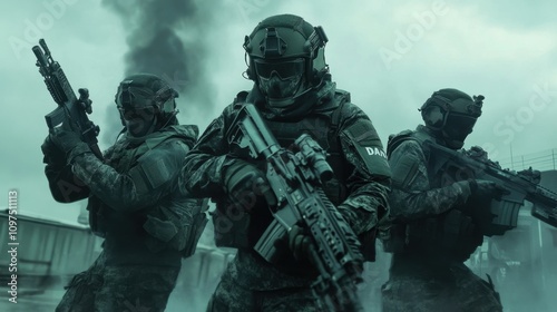 Total Defense Day Tactical special forces team in action during military operation at dusk