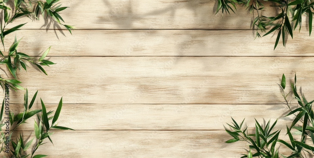 A wooden surface framed by green bamboo leaves, creating a natural and serene backdrop. A wooden surface framed by green bamboo leaves, creating a natural and serene backdrop.