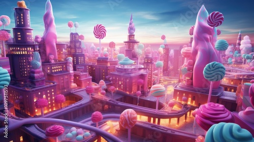 Fototapeta Naklejka Na Ścianę i Meble -  National Gumdrop Day Fantasy candy land cityscape at sunset, surreal lollipop dreamscape