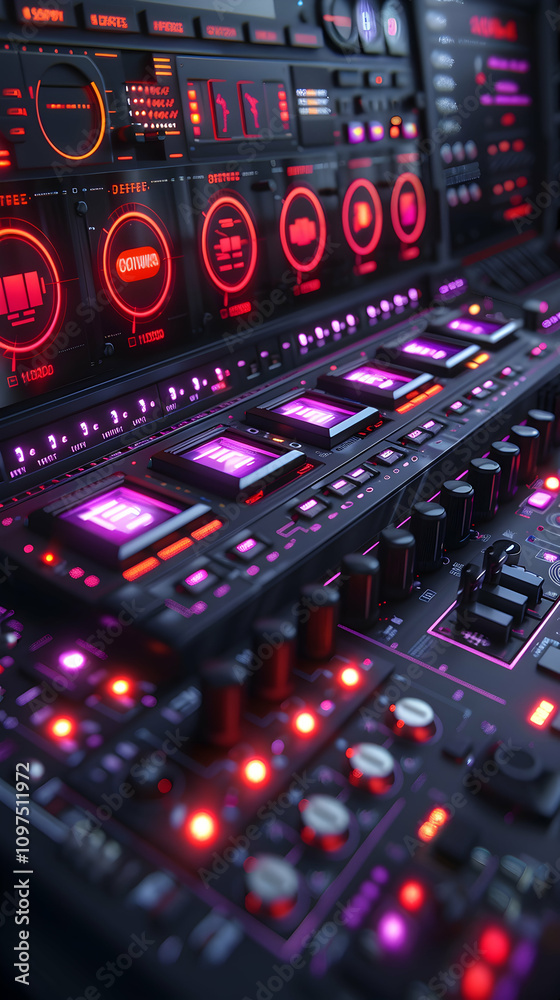 Obraz premium Futuristic control panel with glowing buttons and digital displays.