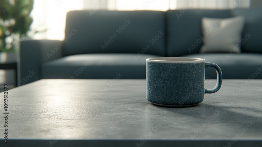 Morning Coffee on Concrete Table: A teal mug sits on a sleek concrete coffee table, bathed in soft sunlight, with a blurred teal sofa in the background. The image evokes a sense of calm and serenity. Morning Coffee on Concrete Table: A teal mug sits on a sleek concrete coffee table, bathed in soft sunlight, with a blurred teal sofa in the background. The image evokes a sense of calm and serenity.