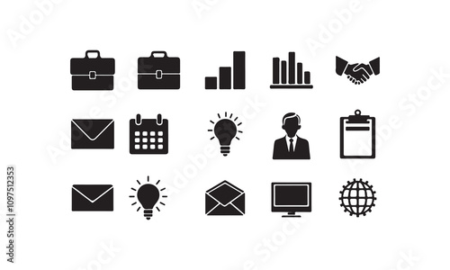 Business and Corporate Icon Set: 15 vector icons for web, design, and office use. Includes symbols for business, internet, email, technology, communication, money, and information.