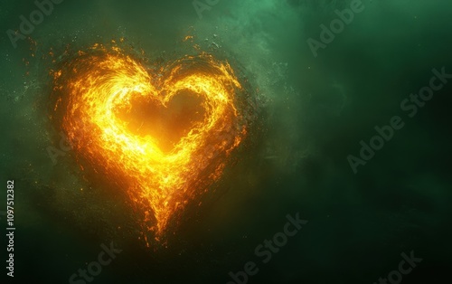 Radiant Heart of Fire Illuminating the Dark Green Abyss with Fiery Flames and Vibrant Glow, Symbolizing Passion, Love, and Emotional Depth in a Unique Artistic Style