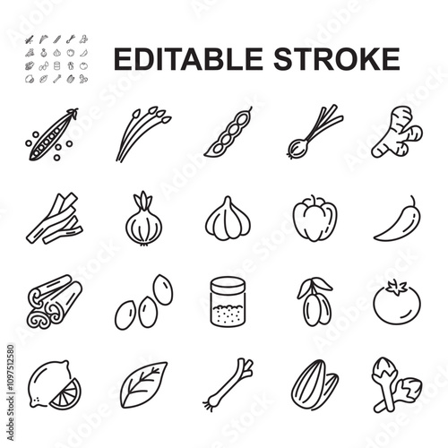 Condiment icon set. Thin line vector. Contains icons of spices such as onions, lemon, ginger, granulated sugar and others.