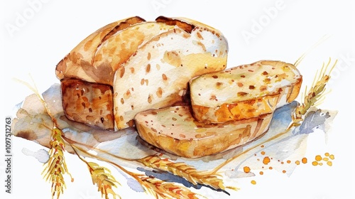 National Wheat Bread Month Watercolor painting of freshly baked bread with wheat ears - perfect for kitchen decor or culinary art photo