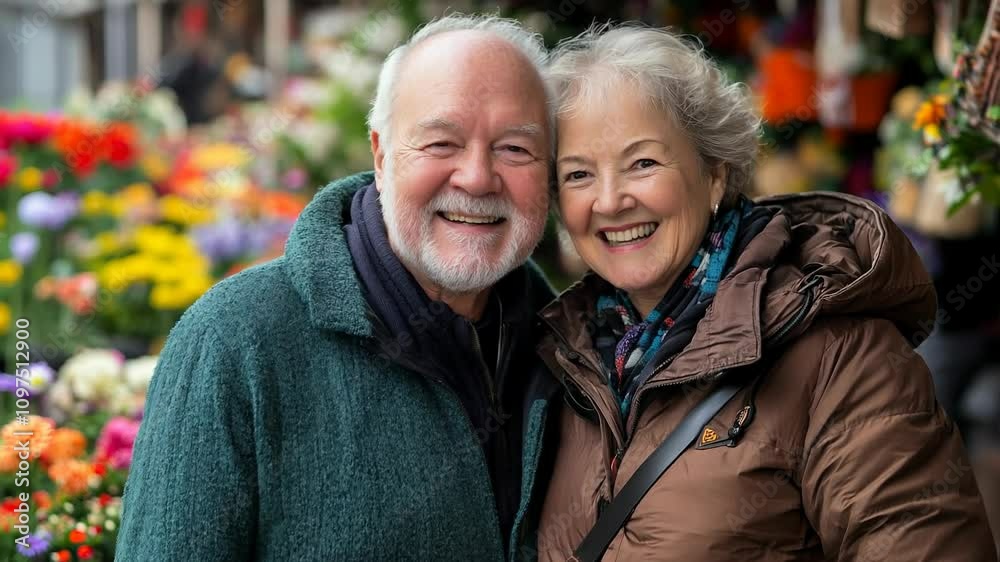 Senior Couple Smiling in Vibrant Flower Market Setting Senior Couple Smiling in Vibrant Flower Market Setting