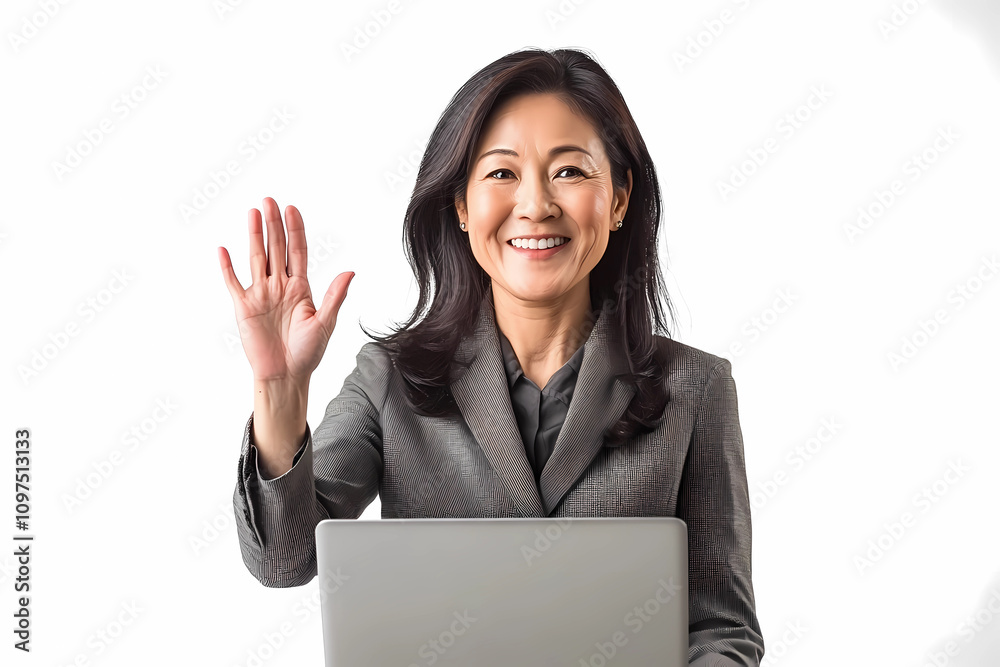 A middle-aged Asian woman in professional attire, smiling and waving while sitting at her laptop on a white background A middle-aged Asian woman in professional attire, smiling and waving while sitting at her laptop on a white background