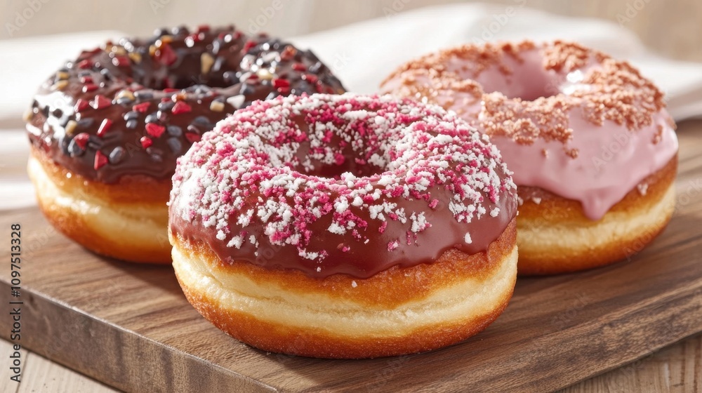 Paczki Day Assorted glazed donuts with sprinkles on wooden board sweet dessert treat for bakery and coffee shop menu Paczki Day Assorted glazed donuts with sprinkles on wooden board sweet dessert treat for bakery and coffee shop menu
