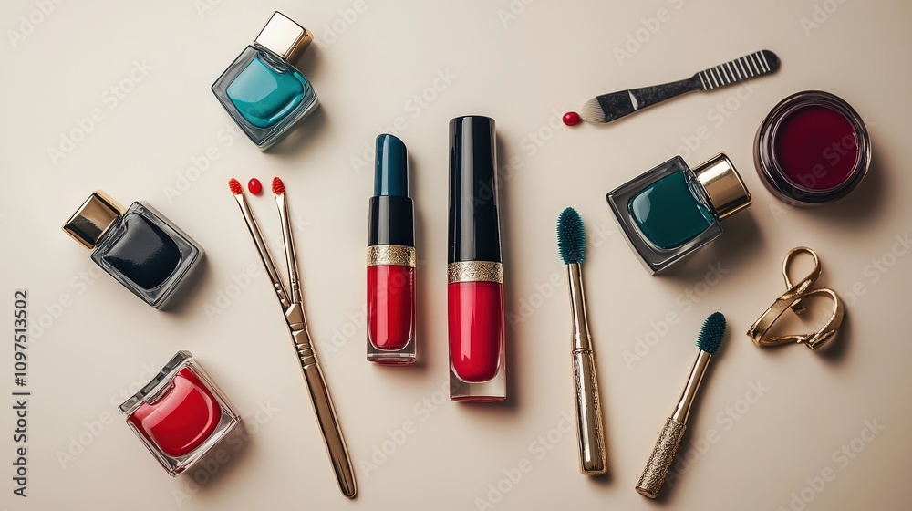 A flat lay of colorful nail polish bottles and manicure tools on a chic surface
