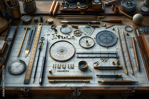 Precision instruments and tools arranged on a drafting table.