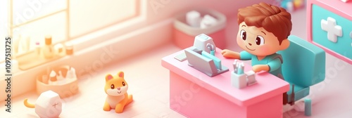 A child sewing at a colorful desk with pets nearby in a cozy room.