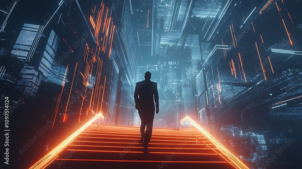 double exposure corporate focus, Businessman Walking Up Futuristic Stairs double exposure corporate focus, Businessman Walking Up Futuristic Stairs