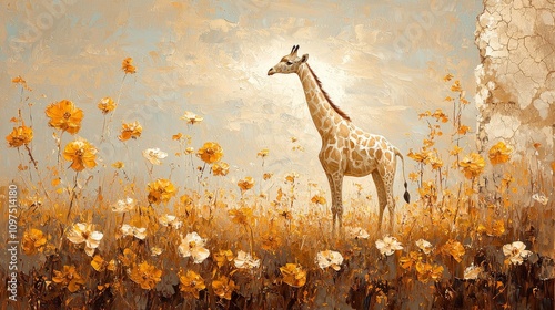 Majestic giraffe in a golden flower field nature scene artistic illustration serene environment dreamy viewpoint for wildlife enthusiasts