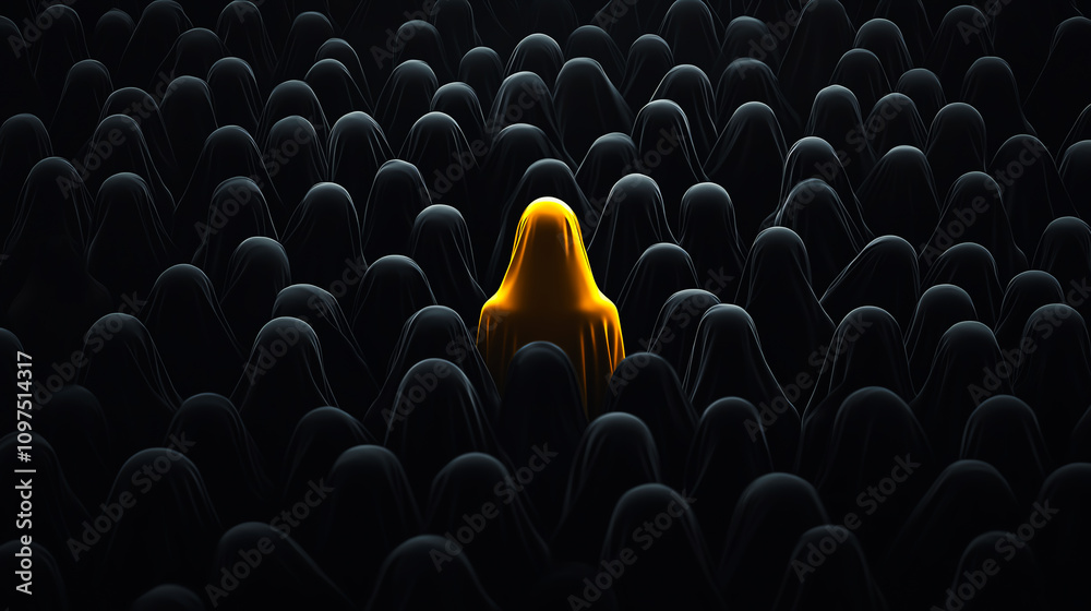 Obraz premium A single yellow figure stands out among dark shapes, symbolizing individuality and uniqueness amidst conformity.