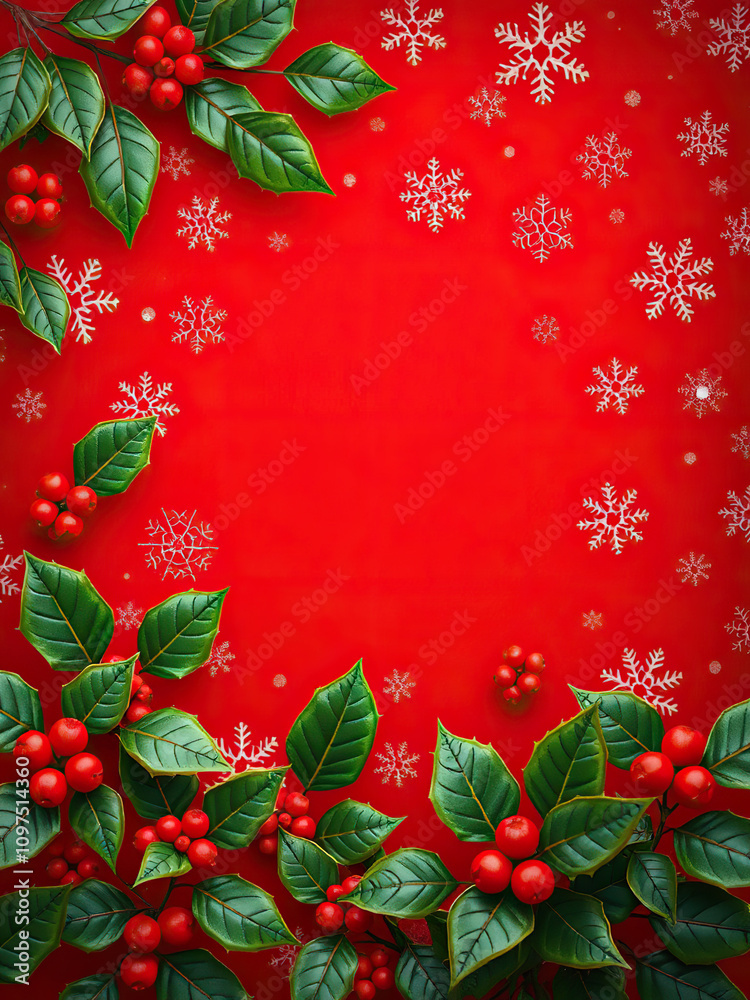 Red Christmas background with a beautiful snowflake pattern and holly leaves, festive holly patterns, holly leaves, winter wonderland theme Red Christmas background with a beautiful snowflake pattern and holly leaves, festive holly patterns, holly leaves, winter wonderland theme