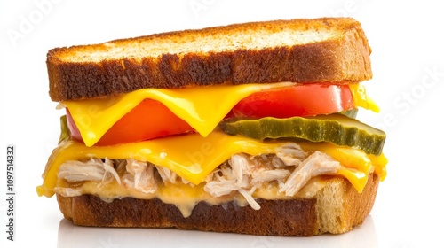 A perfectly assembled tuna melt sandwich with albacore tuna salad, melted cheddar cheese, sliced tomato