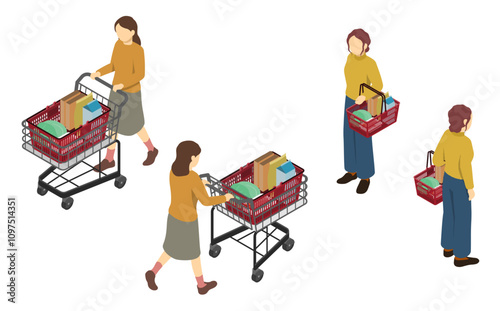 アイソメトリックイラスト：買い物をする女性
