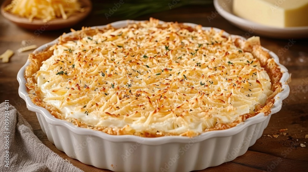 Delicious mashed potato pie with cheddar cheese garnish in rustic kitchen setting Delicious mashed potato pie with cheddar cheese garnish in rustic kitchen setting