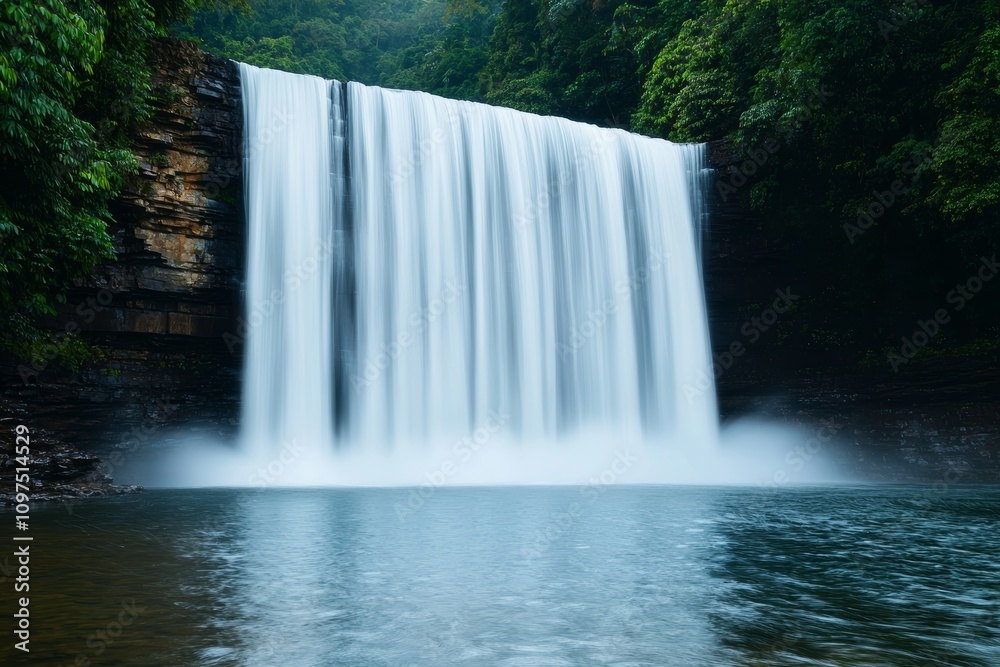 Obraz premium A Serene Rainforest Waterfall cascades into a tranquil pool, bathed in the soft glow of dusk