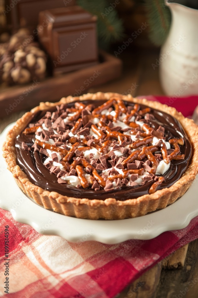 Chocolate-Caramel Pretzel Tart Delicious chocolate tart with pretzels and whipped cream on festive holiday table setting Chocolate-Caramel Pretzel Tart Delicious chocolate tart with pretzels and whipped cream on festive holiday table setting
