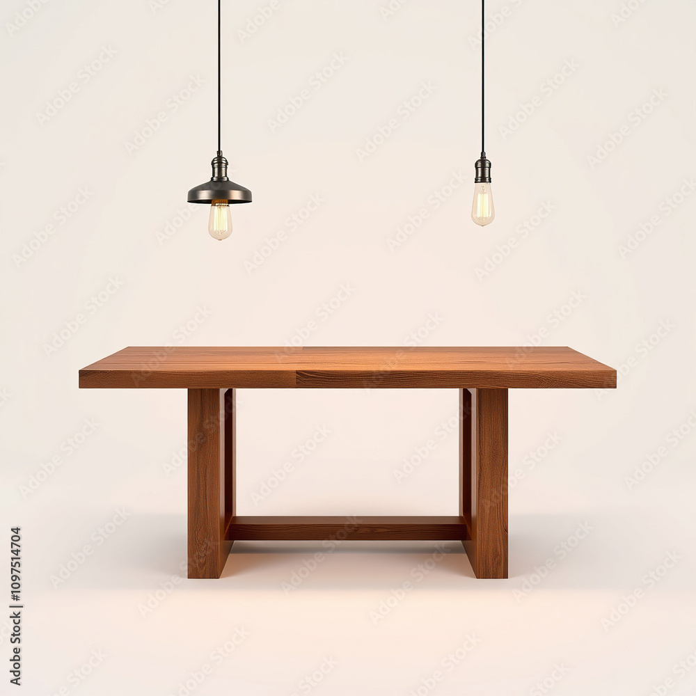 Industrial style wooden table with pendant lights, sleek, pendant lights Industrial style wooden table with pendant lights, sleek, pendant lights