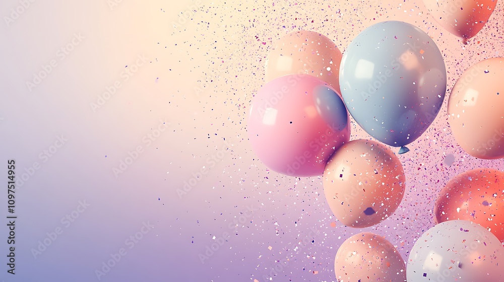 A simple yet vibrant arrangement featuring pastel-colored balloons and glittering confetti strewn across a gradient backdrop A simple yet vibrant arrangement featuring pastel-colored balloons and glittering confetti strewn across a gradient backdrop
