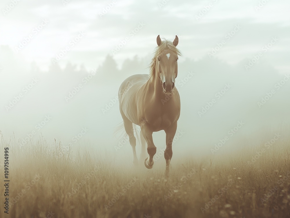 Golden charisma Concept. A majestic horse trots through a misty meadow, surrounded by soft light and serene nature.