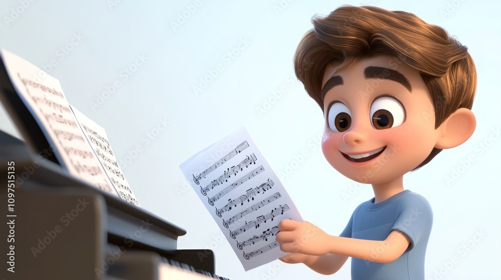 A cheerful boy plays piano, excitedly reading music sheets. A cheerful boy plays piano, excitedly reading music sheets.