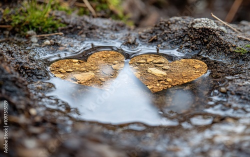 Heart-Shaped Reflection in Puddle Surrounded by Natural Elements Showcasing Earthy Tones and Organic Beauty in a Tranquil Outdoor Setting photo