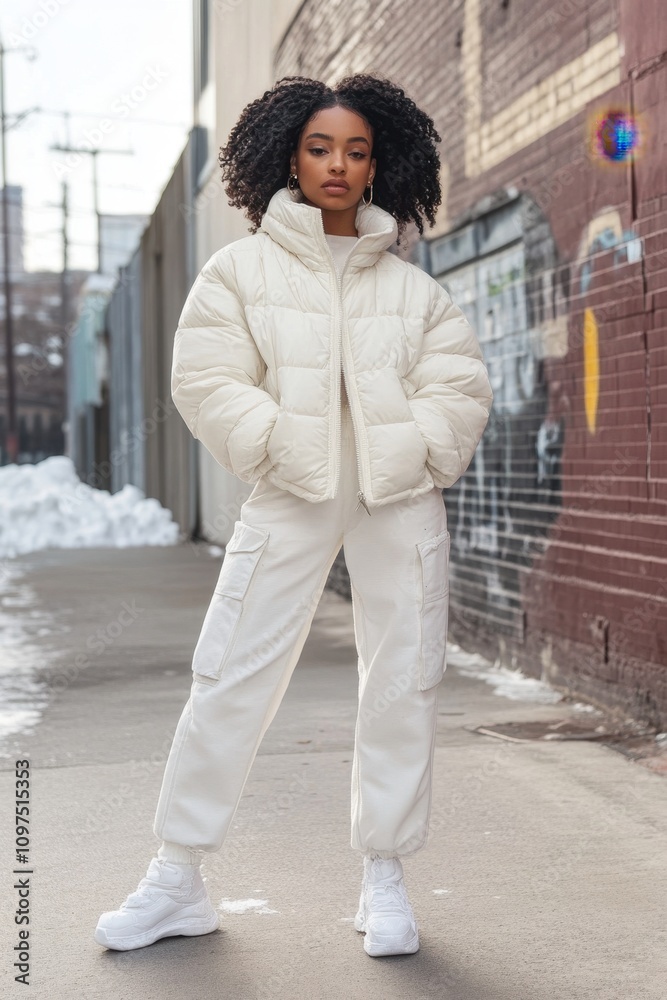 Fototapeta premium Quilted Puffer Jacket Urban winter fashion in puffer jacket with graffiti backdrop