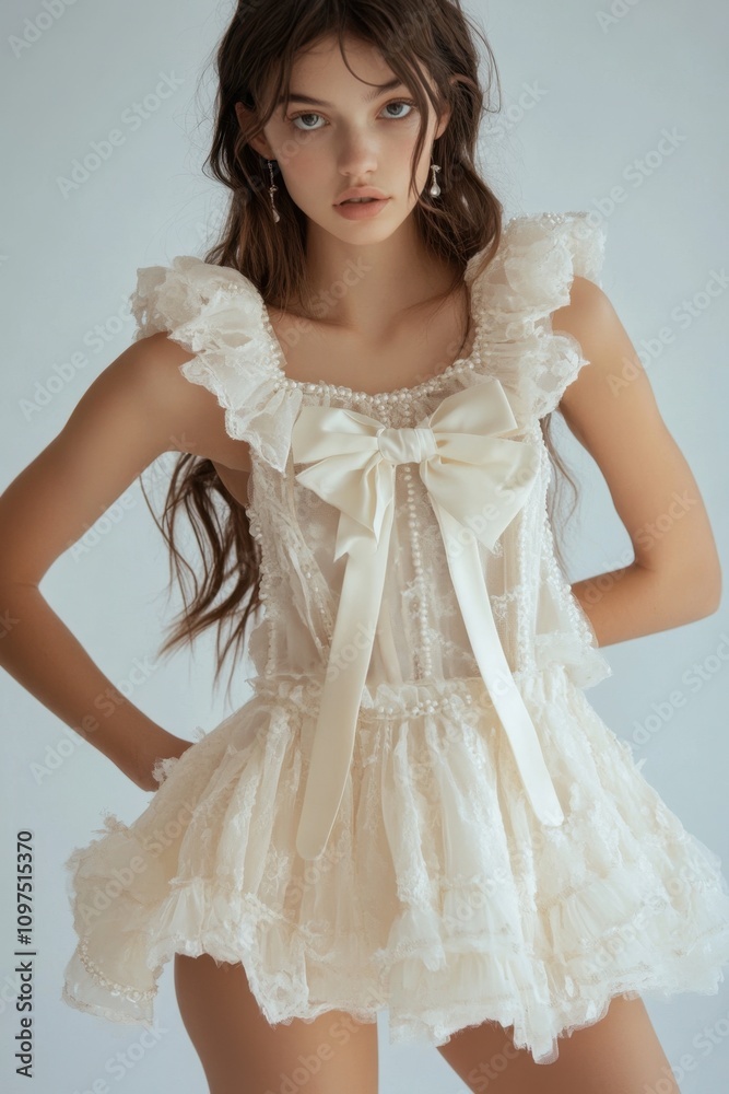 Pearl Mini Dress With Bows Elegant fashion portrait of woman in lace dress with bow Pearl Mini Dress With Bows Elegant fashion portrait of woman in lace dress with bow