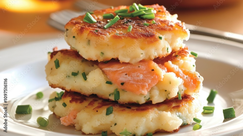 Mashed Potato Fritters with Smoked Salmon and Chives Delicious homemade salmon potato cakes garnished with fresh chives for a savory meal Mashed Potato Fritters with Smoked Salmon and Chives Delicious homemade salmon potato cakes garnished with fresh chives for a savory meal